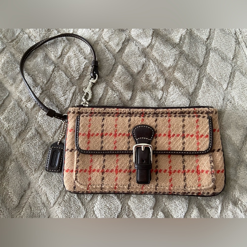 Coach Plaid Wool Wristlet in Tan with Red & Dark Brown Trim